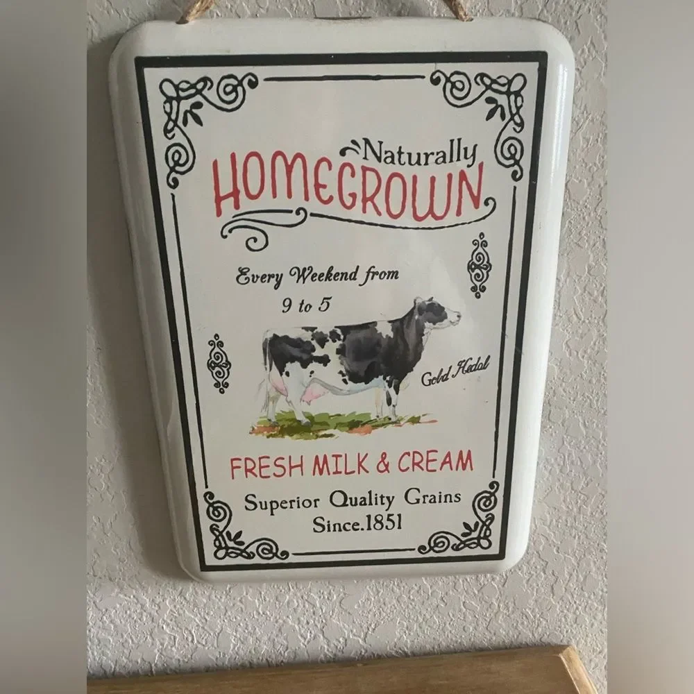 Farmhouse Distressed Metal White Homegrown Cow Sign Rope Hanger Wall Decor 12x8
